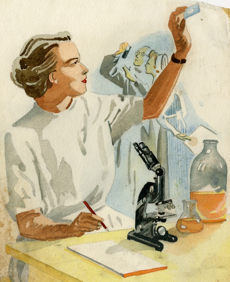 Woman with microscope, ca.1960s