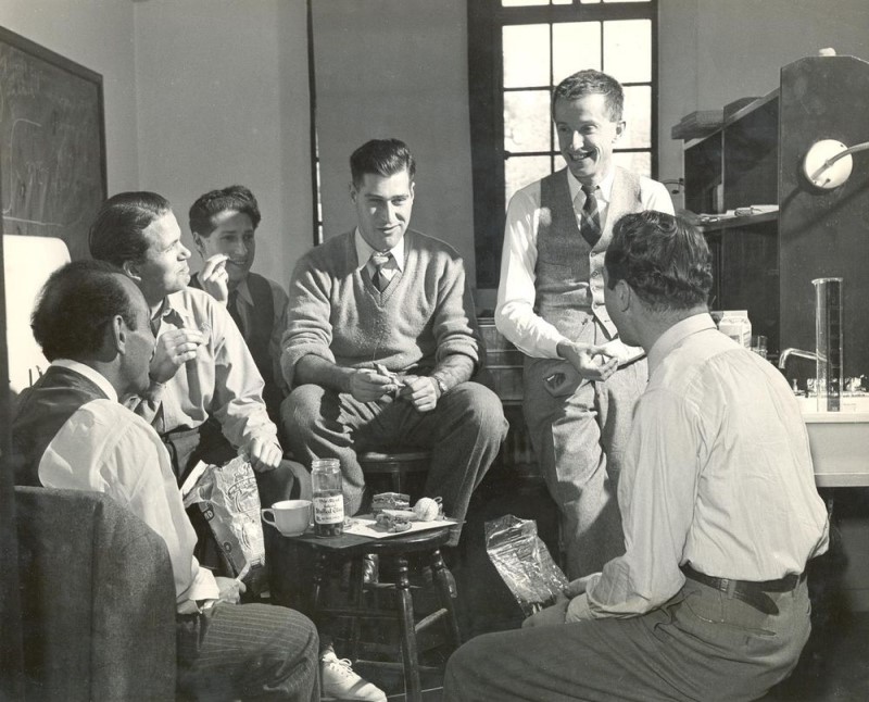Max Delbruck (second from right) with the Phage Group. Caltech, 1949. From the Caltech archives.