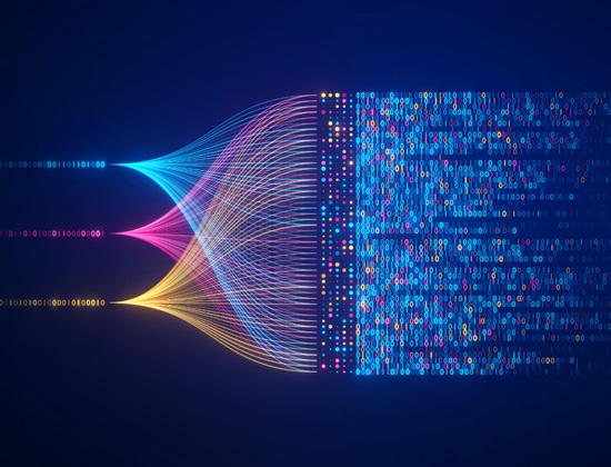 Big data technology and data science illustration. Data flow concept. Querying, analysing, visualizing complex information. Neural network for artificial intelligence. Data mining. Business analytics.