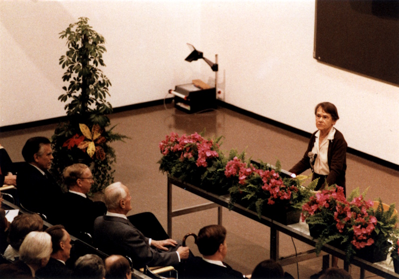 Barbara McClintock giving her Nobel Lecture, 1983 (public domain, via Wikimedia Commons)