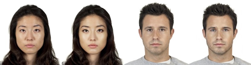 Two portrait photos of a man and woman. Beside each photo is another version of the photo with a beauty filter applied.