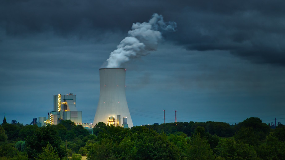 a factory emitting smoke behind green trees